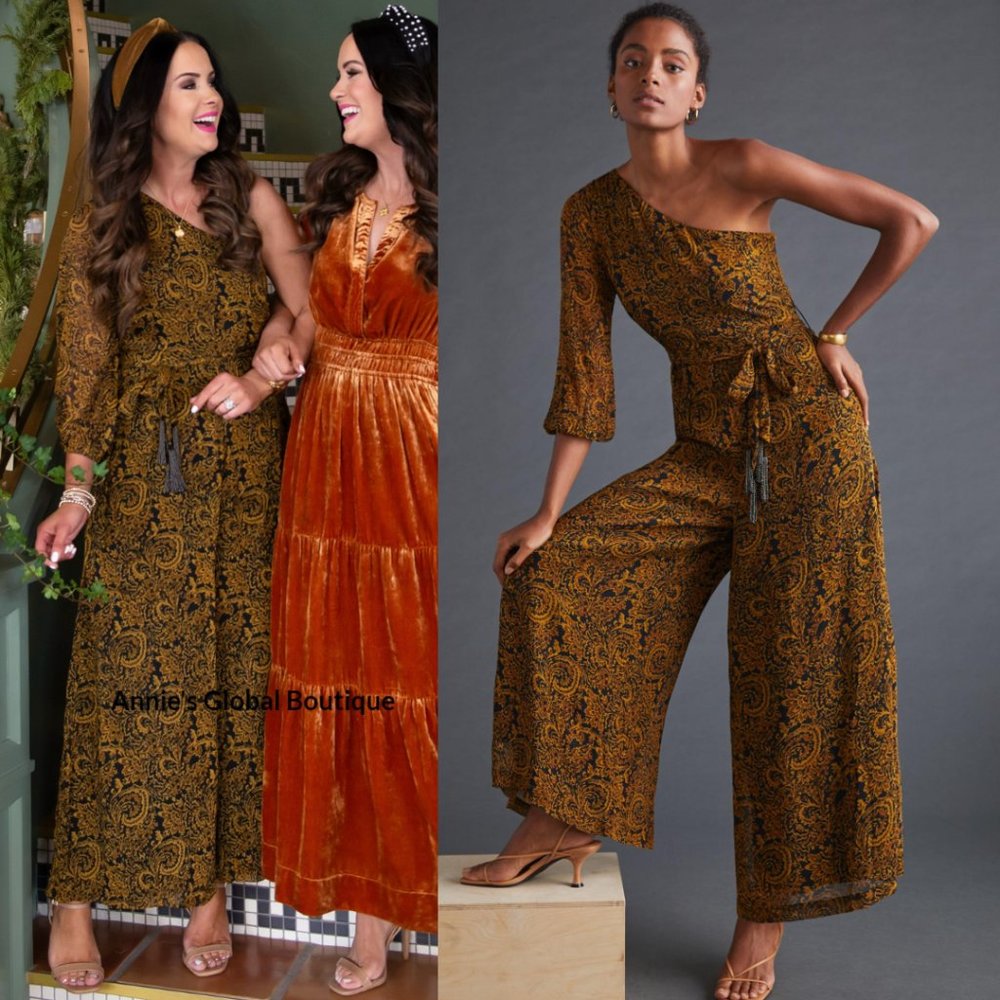 RARE NWT ANTHROPOLOGIE Ollari Paisley Tasseled One-Shoulder Jumpsuit. Size L - Picture 1 of 16